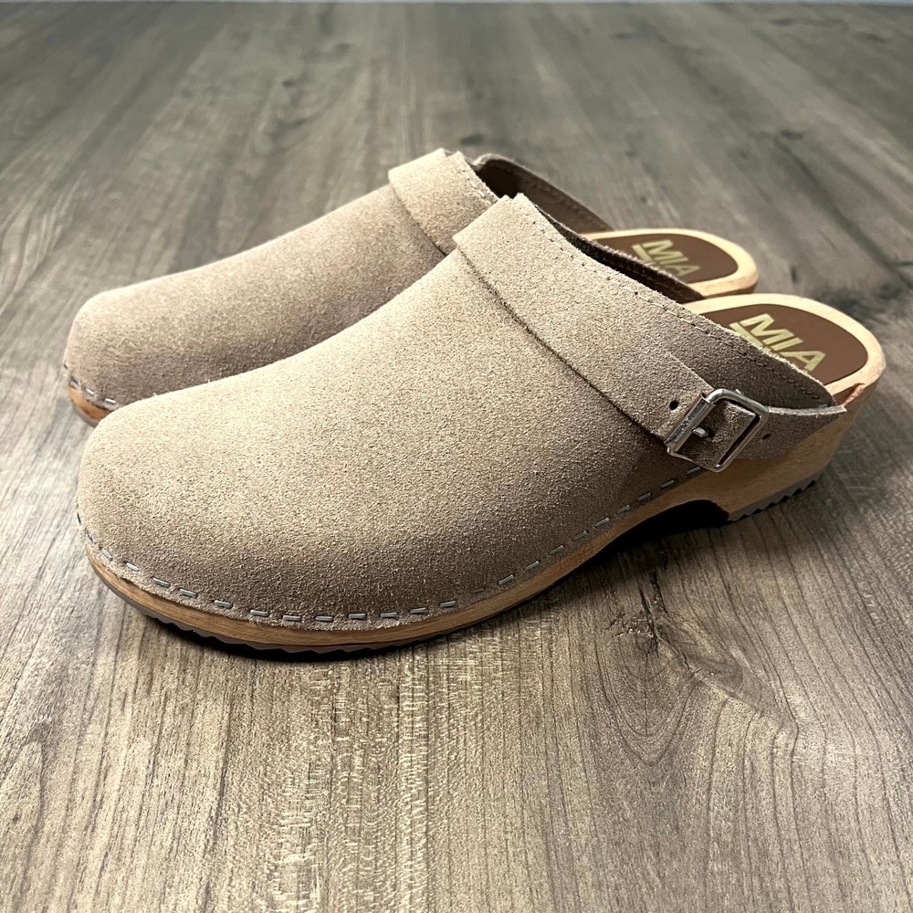 MIA Clogs Taupe Suede Leather Wood Platform Mules Made in Sweden Women 41 US 10